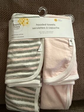 Burt's Bees Baby Hooded Towels - Pink & Gray Stripe Set